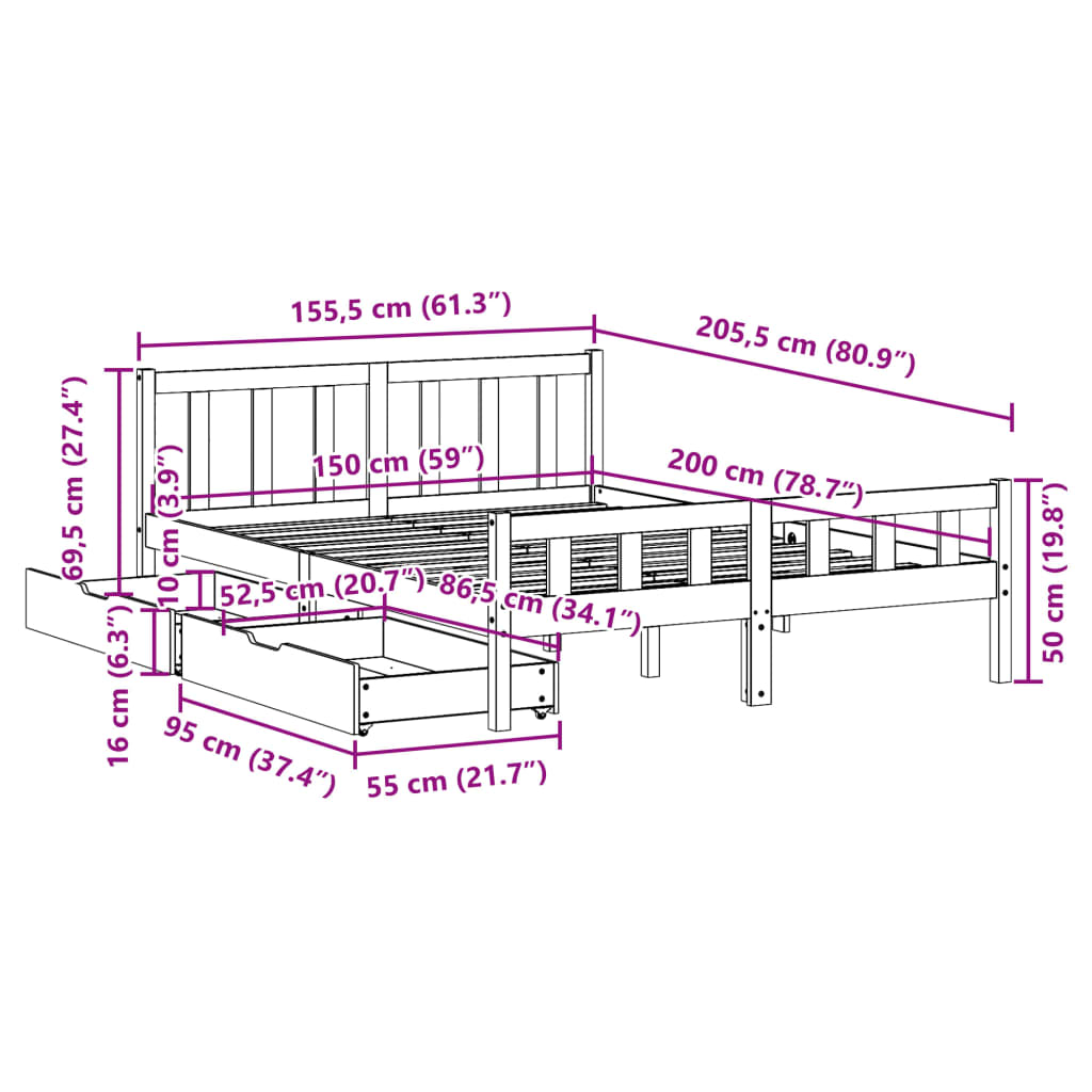 Bed Frame without Mattress Wax Brown 150x200 cm King Size Solid Wood Pine