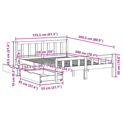 Bed Frame without Mattress Wax Brown 150x200 cm King Size Solid Wood Pine