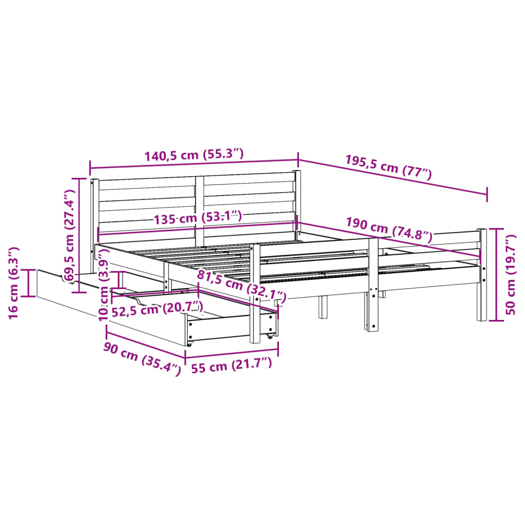 Bed Frame without Mattress White 135x190 cm Double Solid Wood Pine