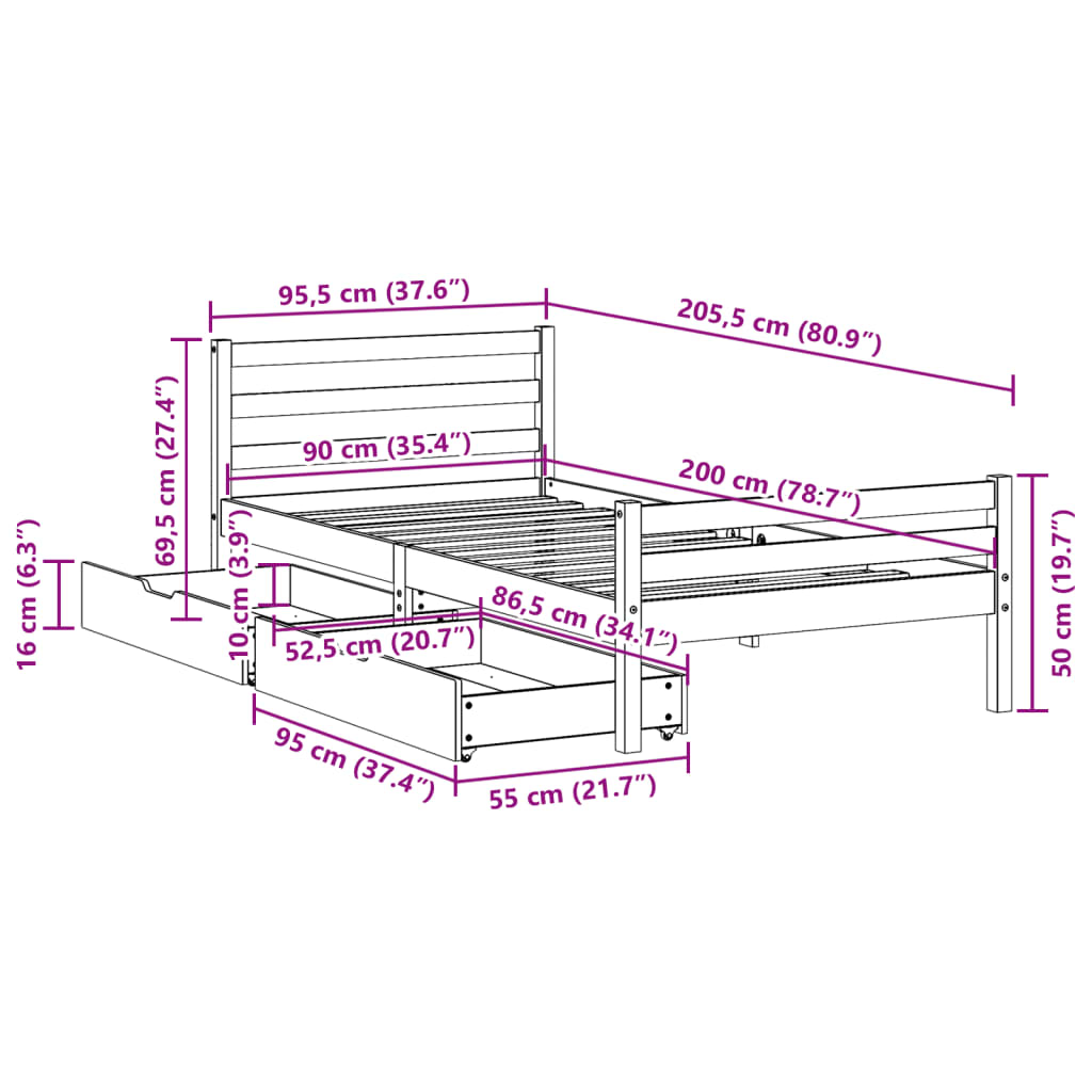 Bed Frame without Mattress White 90x200 cm Solid Wood Pine