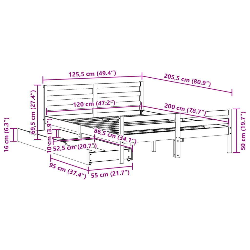 Bed Frame without Mattress 120x200 cm Solid Wood Pine