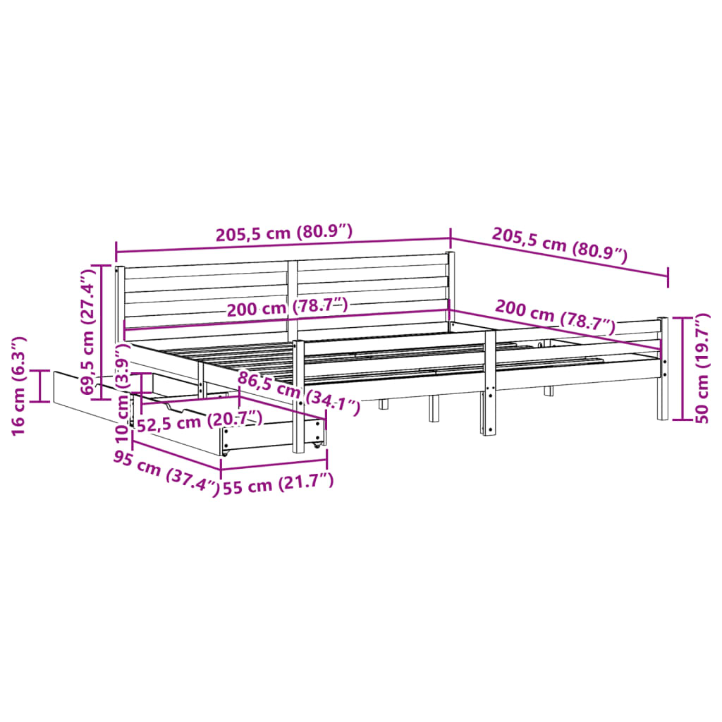 Bed Frame without Mattress 200x200 cm Solid Wood Pine