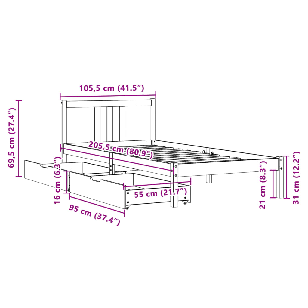 Bed Frame without Mattress White 100x200 cm Solid Wood Pine