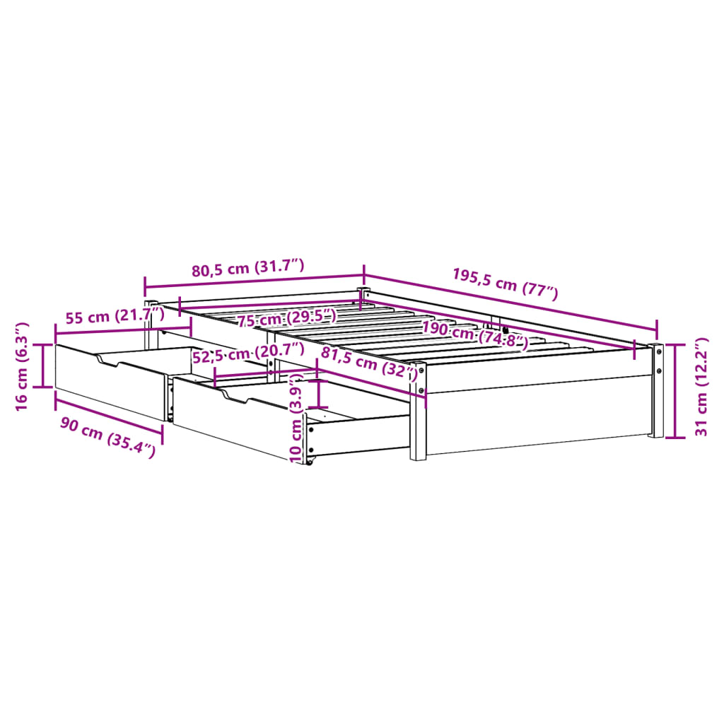 Bed Frame without Mattress 75x190 cm Small Single Solid Wood Pine