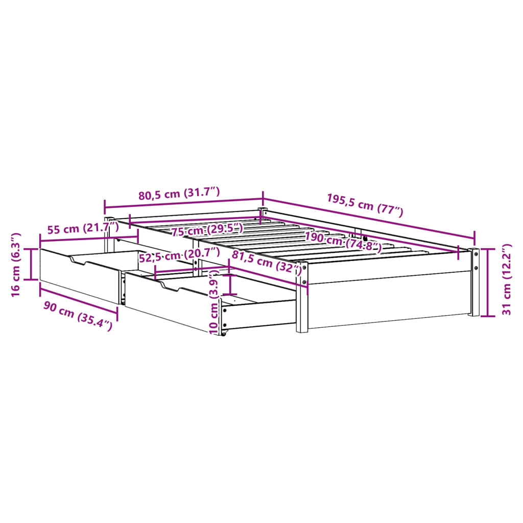 Bed Frame without Mattress White 75x190 cm Small Single Solid Wood Pine