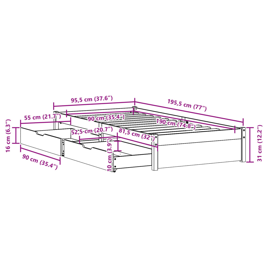 Bed Frame without Mattress 90x190 cm Single Solid Wood Pine