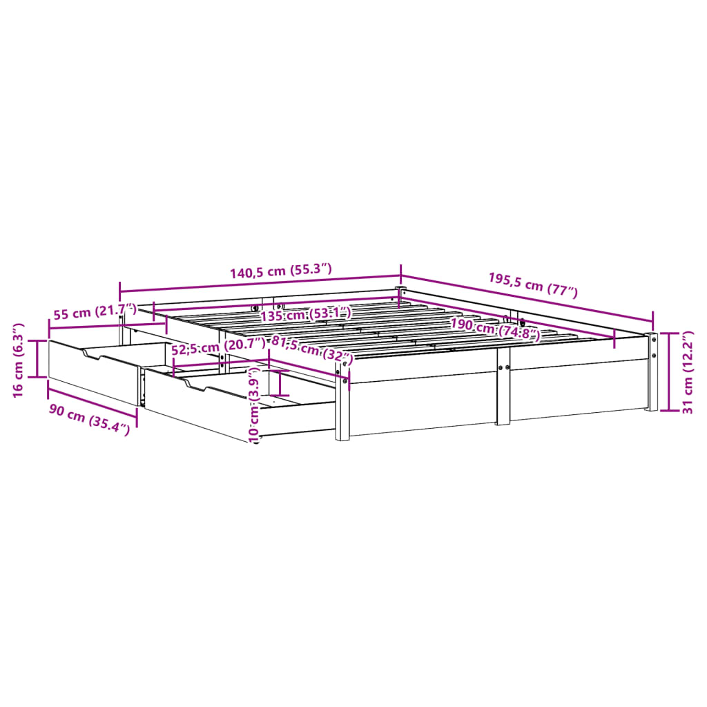 Bed Frame without Mattress White 135x190 cm Double Solid Wood Pine