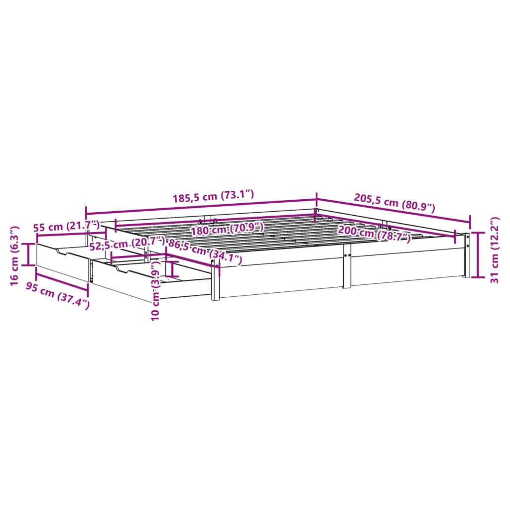 Bed Frame without Mattress White 180x200 cm Super King Solid Wood Pine