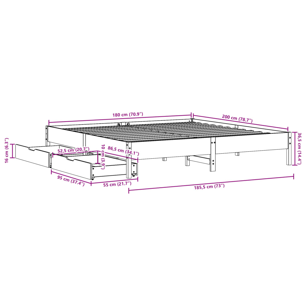 Bed Frame without Mattress 180x200 cm Super King Solid Wood Pine