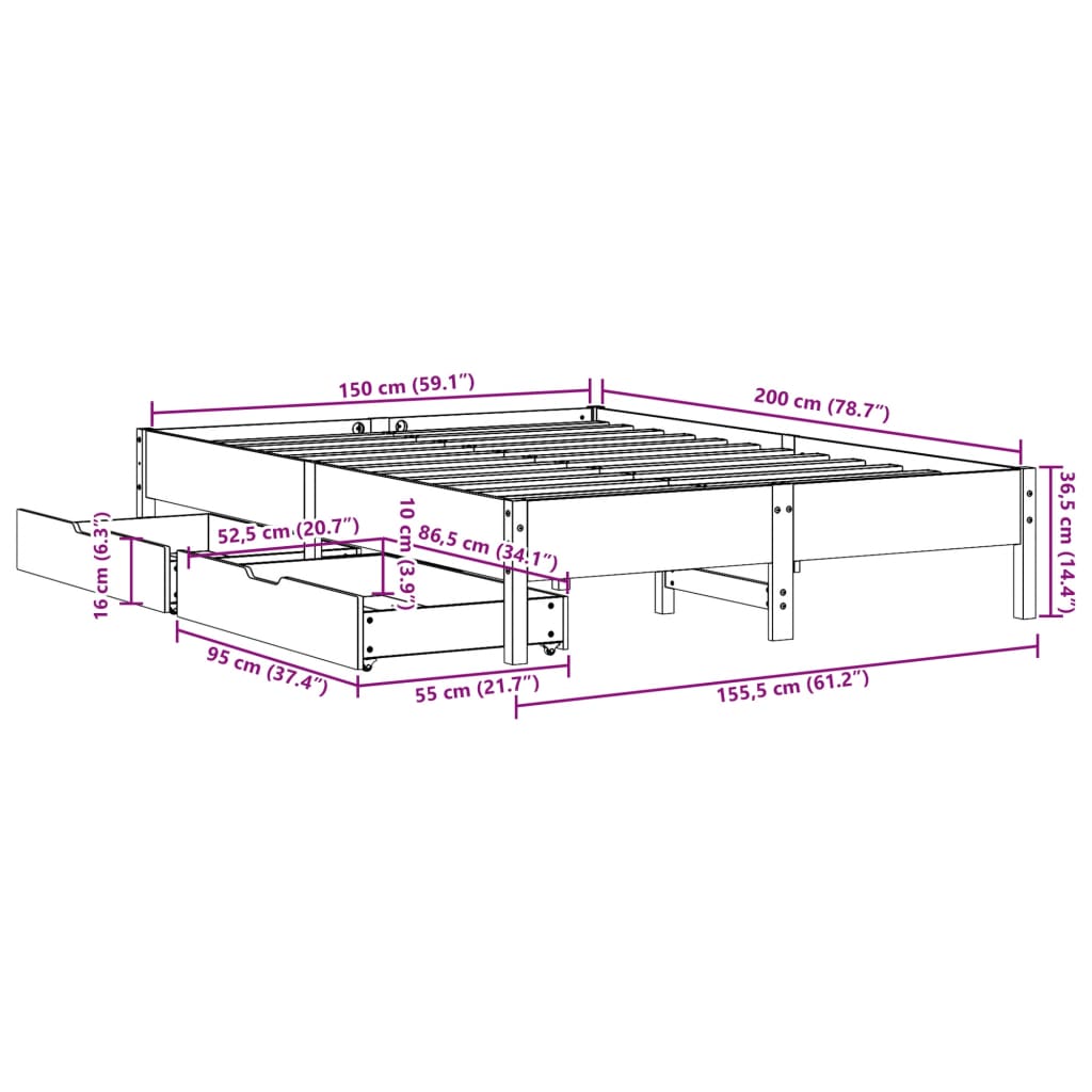 Bed Frame without Mattress White 150x200 cm King Size Solid Wood Pine