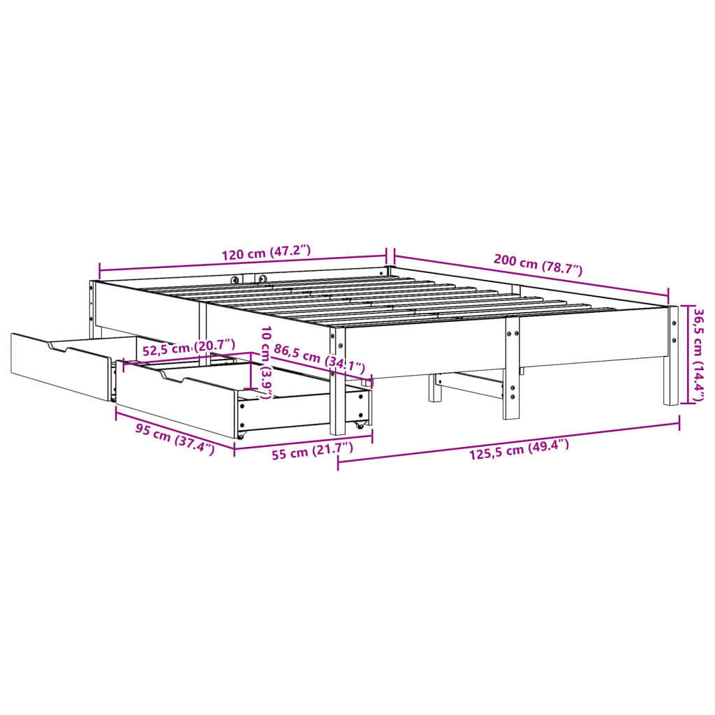 Bed Frame without Mattress 120x200 cm Solid Wood Pine