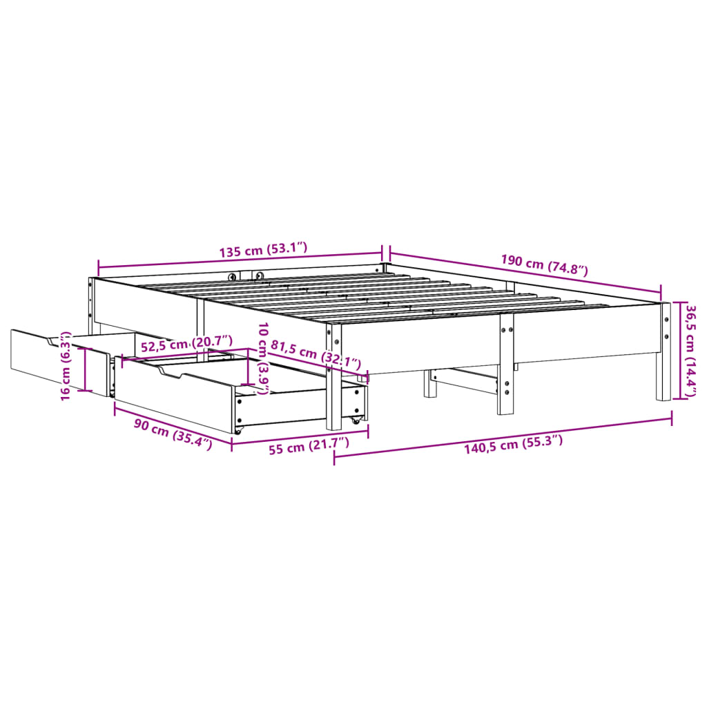 Bed Frame without Mattress 135x190 cm Double Solid Wood Pine