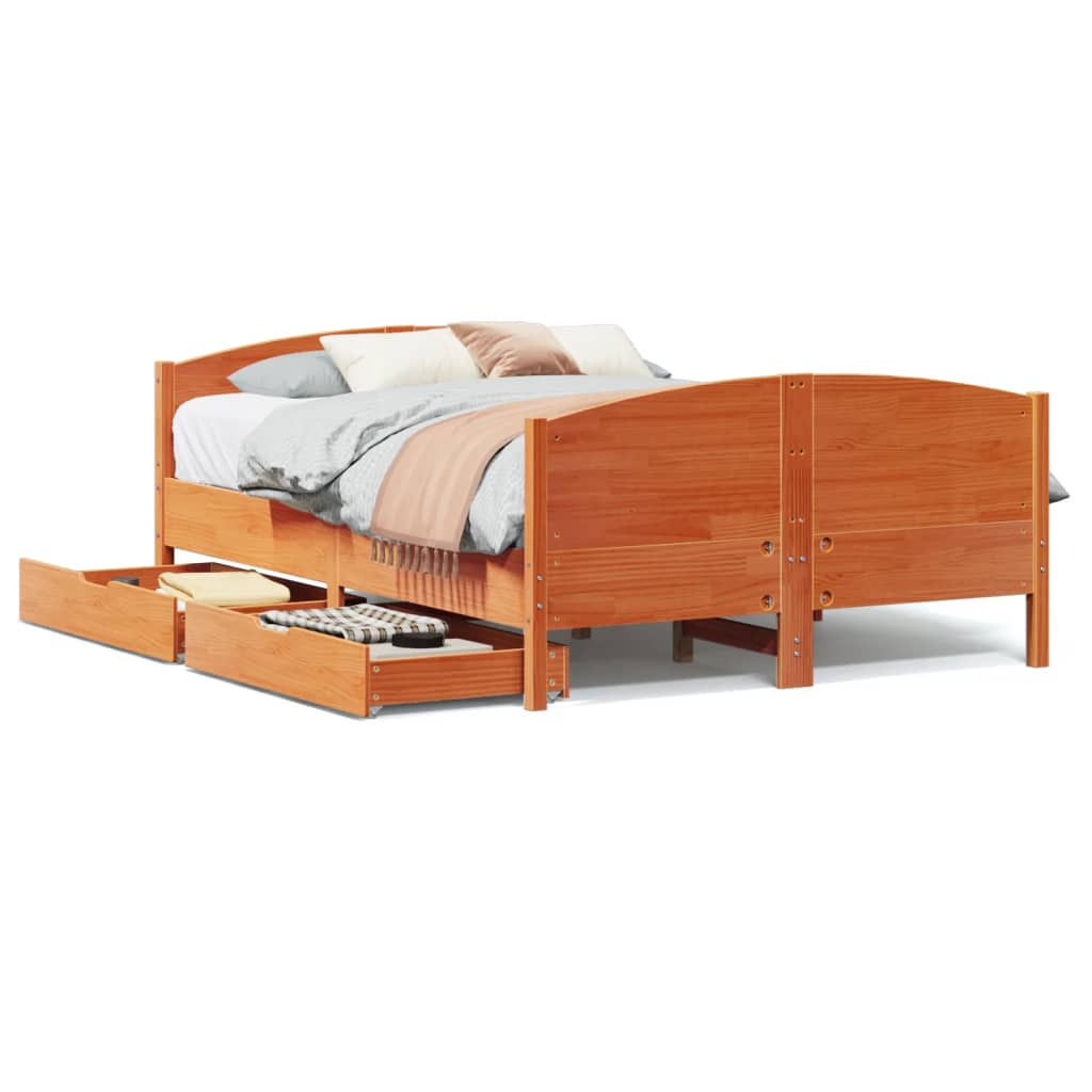 Bed Frame without Mattress Wax Brown 150x200 cm King Size Solid Wood Pine