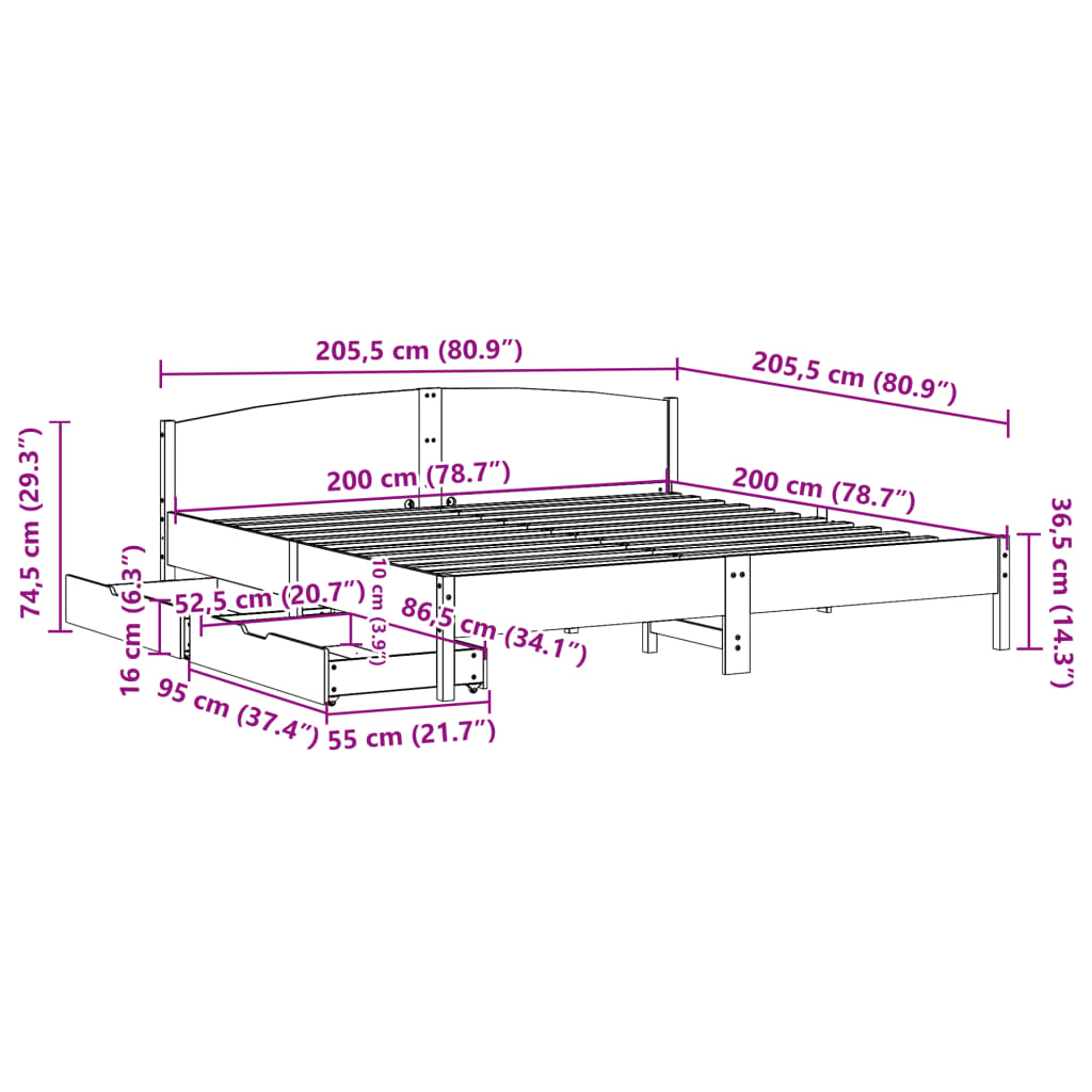 Bed Frame without Mattress 200x200 cm Solid Wood Pine