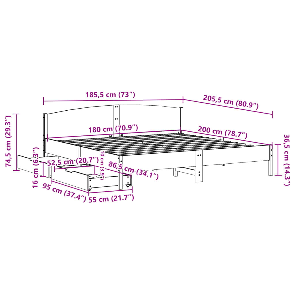 Bed Frame without Mattress White 180x200 cm Super King Solid Wood Pine