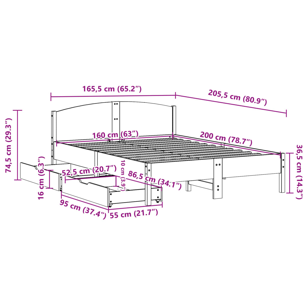 Bed Frame without Mattress 160x200 cm Solid Wood Pine