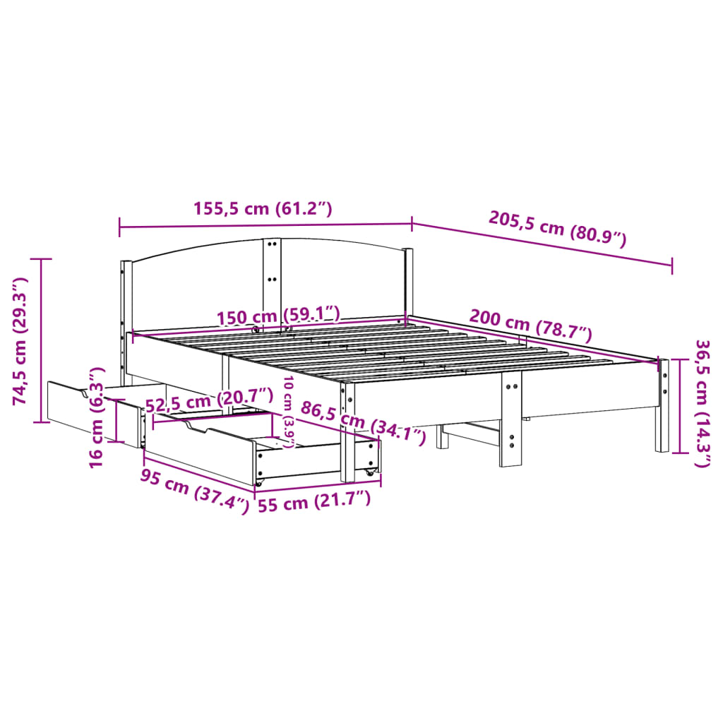 Bed Frame without Mattress 150x200 cm King Size Solid Wood Pine