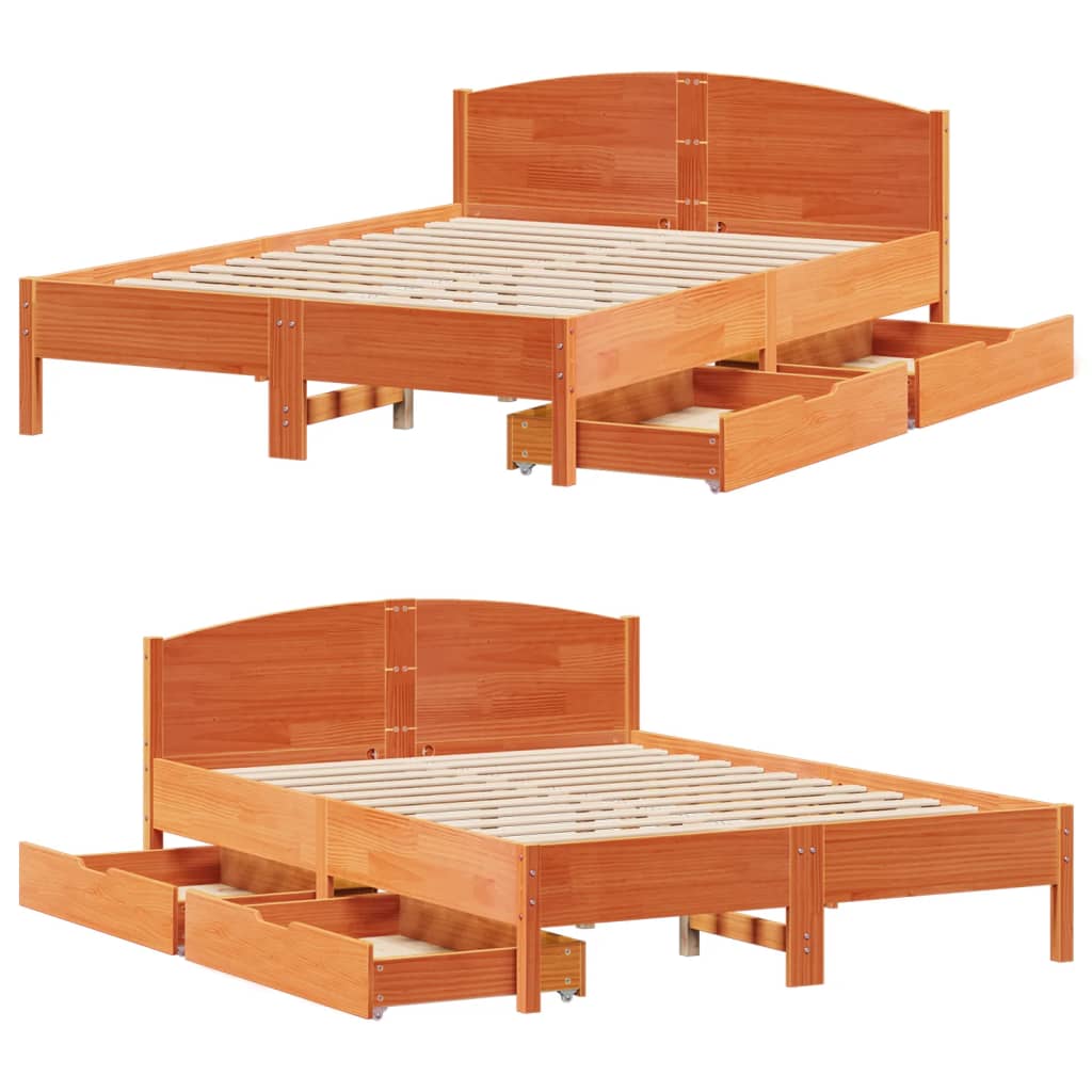 Bed Frame without Mattress Wax Brown 150x200 cm King Size Solid Wood Pine