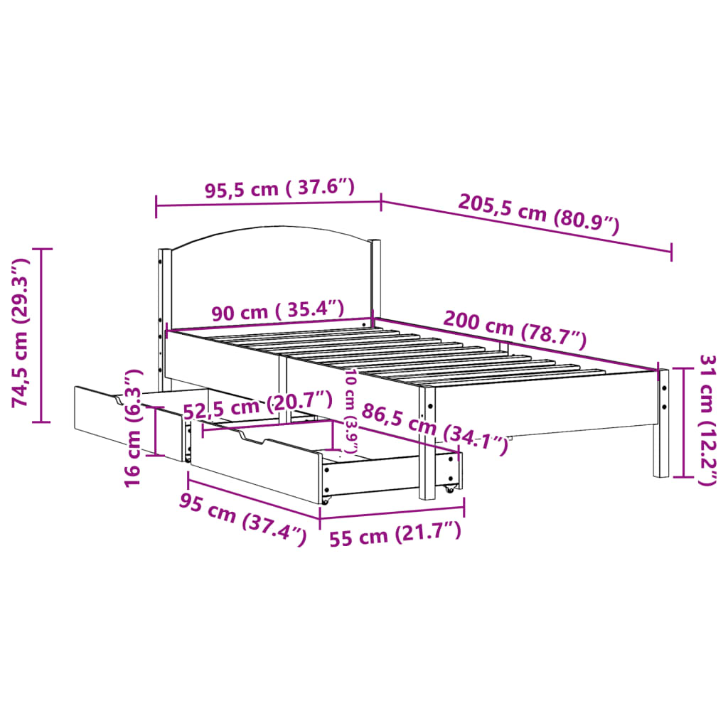 Bed Frame without Mattress White 90x200 cm Solid Wood Pine