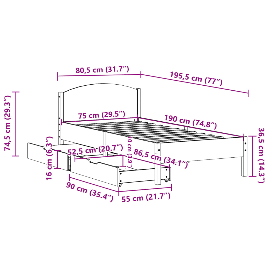 Bed Frame without Mattress 75x190 cm Small Single Solid Wood Pine