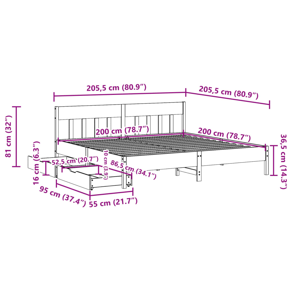 Bed Frame without Mattress 200x200 cm Solid Wood Pine