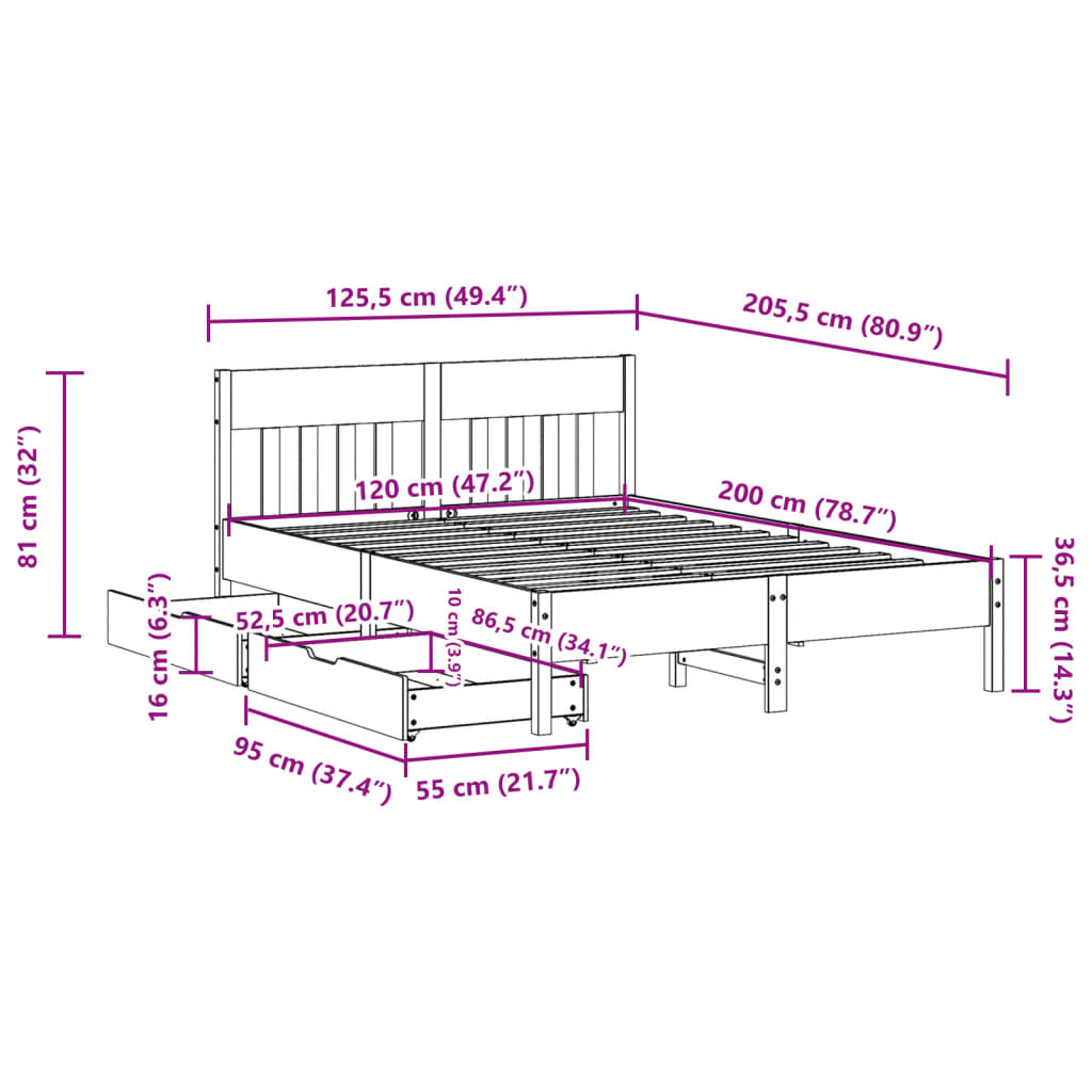 Bed Frame without Mattress 120x200 cm Solid Wood Pine