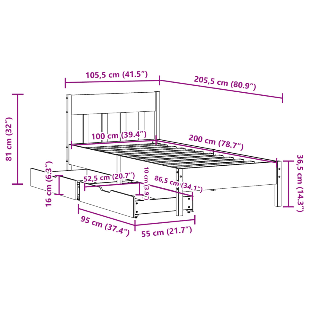 Bed Frame without Mattress Wax Brown 100x200 cm Solid Wood Pine