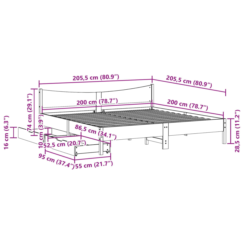 Bed Frame with Drawers 200x200 cm Solid Wood Pine