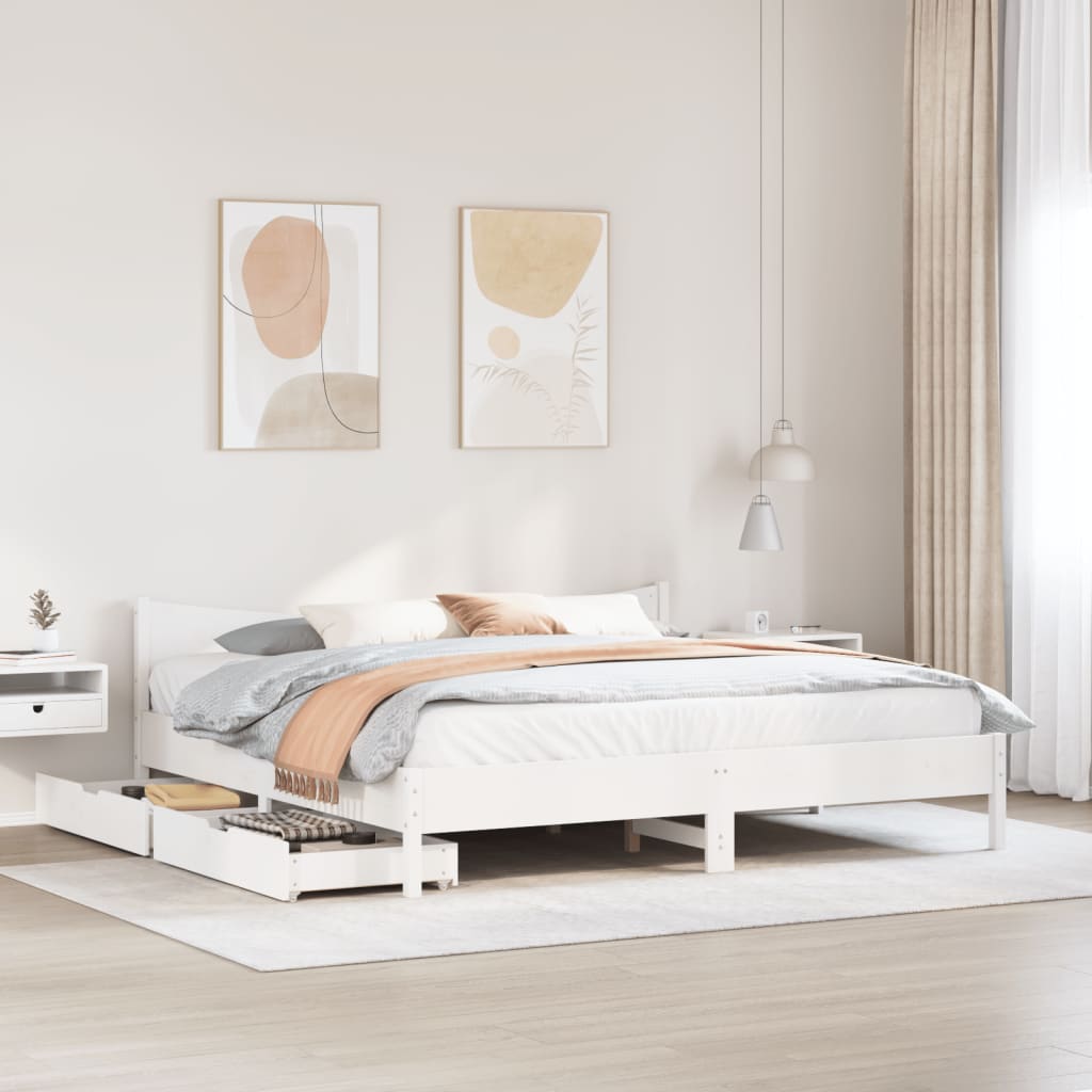 Bed Frame with Drawers White 200x200 cm Solid Wood Pine