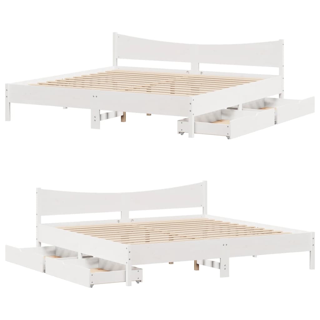 Bed Frame with Drawers White 180x200 cm Super King Solid Wood Pine