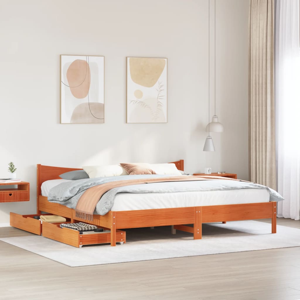 Bed Frame with Drawers Wax Brown 180x200 cm Super King Solid Wood Pine