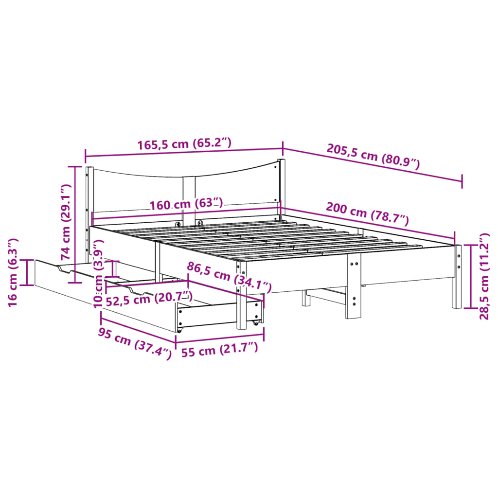 Bed Frame with Drawers White 160x200 cm Solid Wood Pine