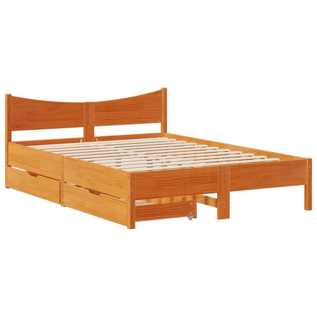 Bed Frame with Drawers Wax Brown 150x200 cm King Size Solid Wood Pine