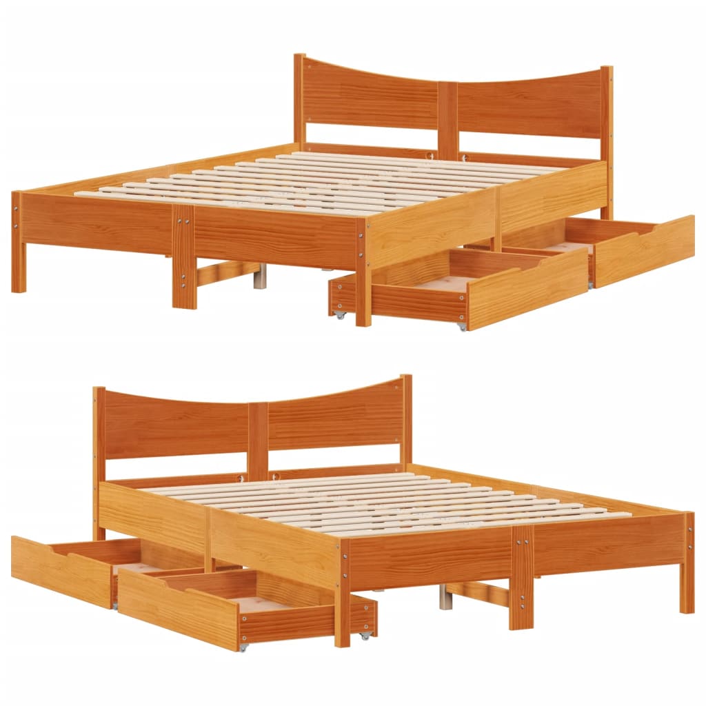 Bed Frame with Drawers Wax Brown 150x200 cm King Size Solid Wood Pine