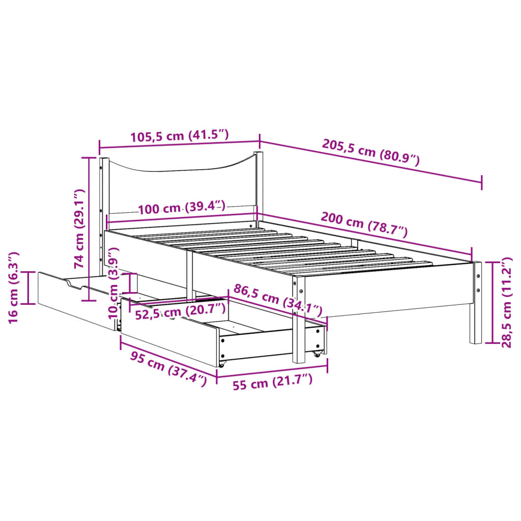 Bed Frame with Drawers 100x200 cm Solid Wood Pine