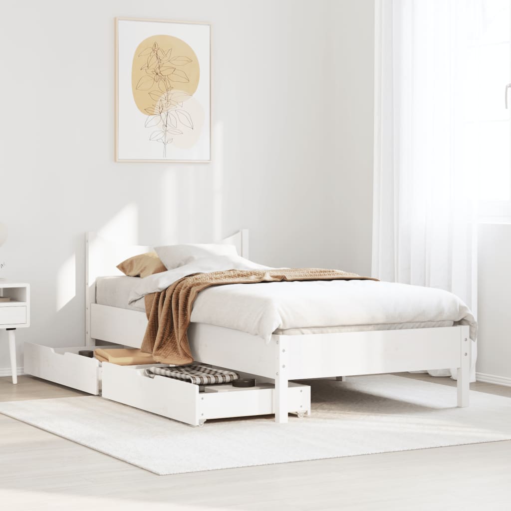 Bed Frame with Drawers White 100x200 cm Solid Wood Pine