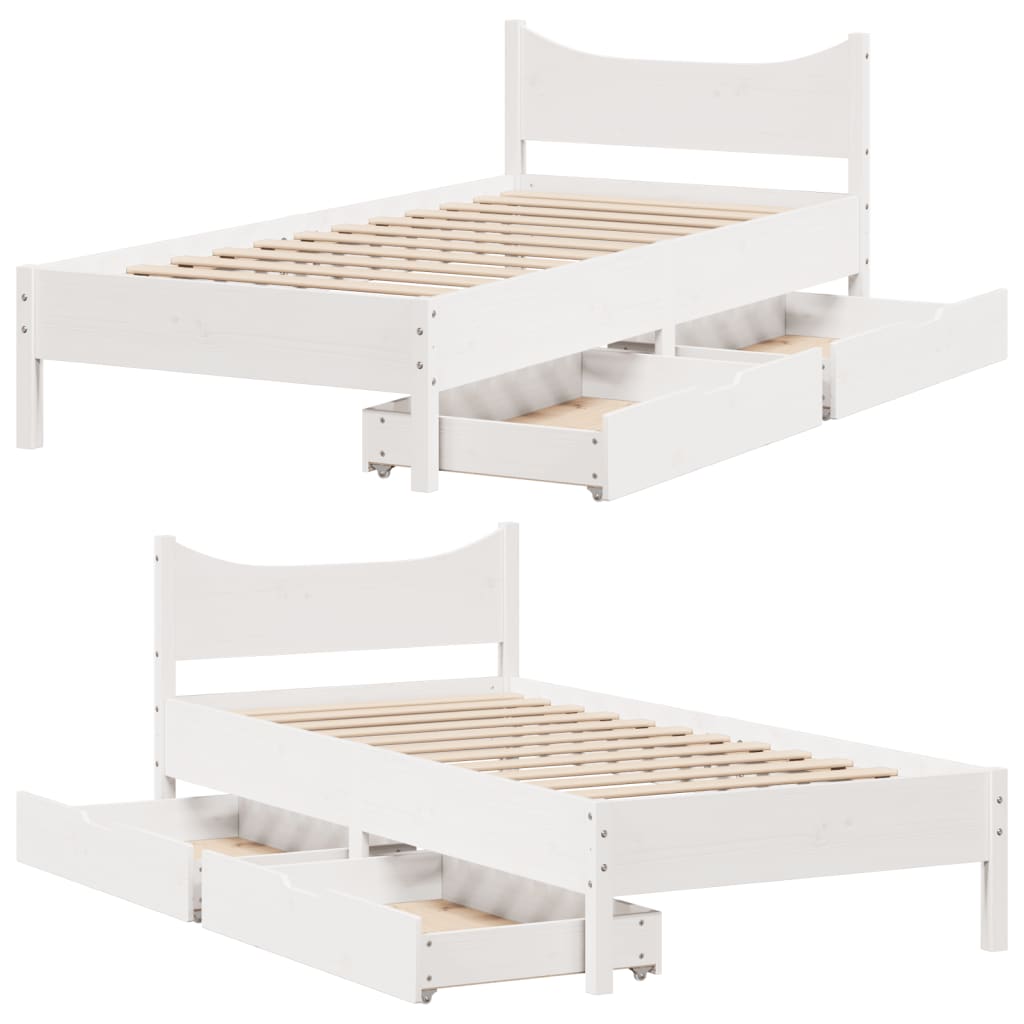 Bed Frame with Drawers White 100x200 cm Solid Wood Pine