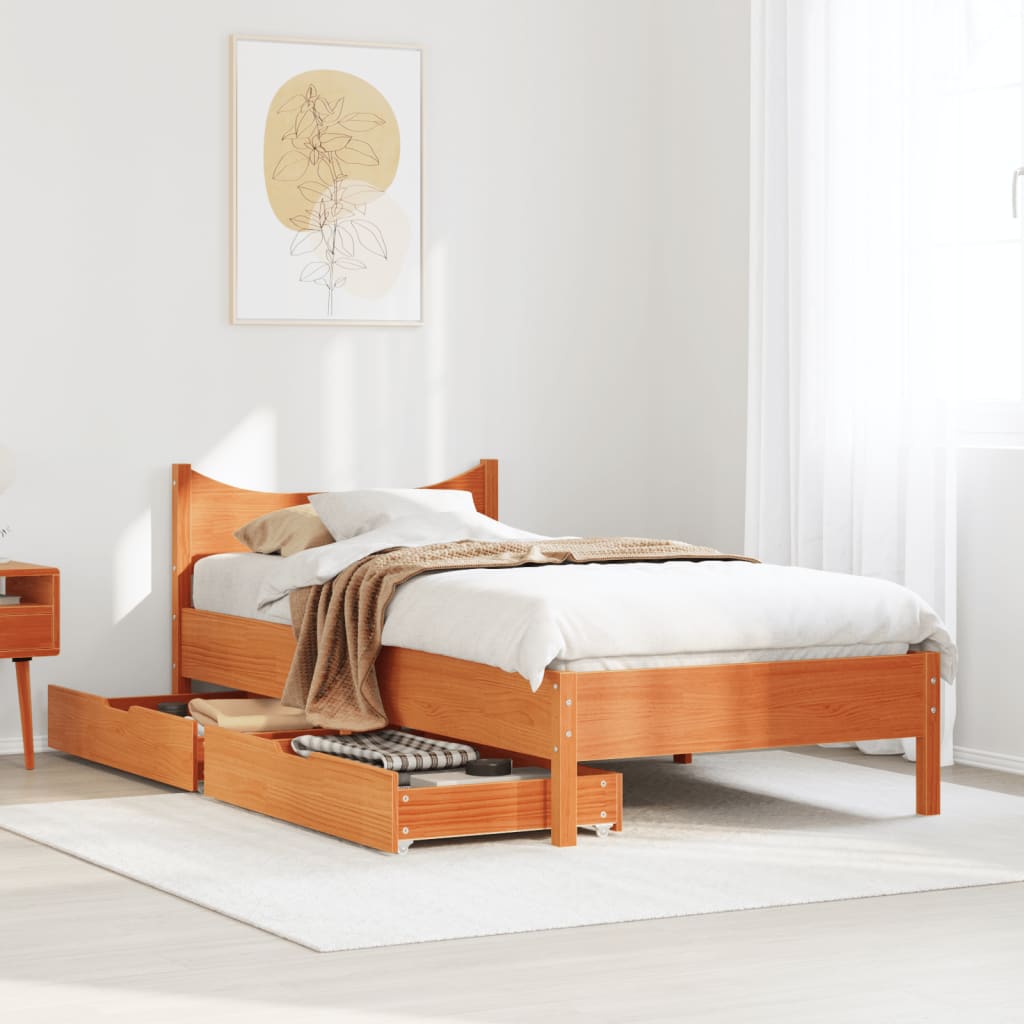 Bed Frame with Drawers Wax Brown 100x200 cm Solid Wood Pine