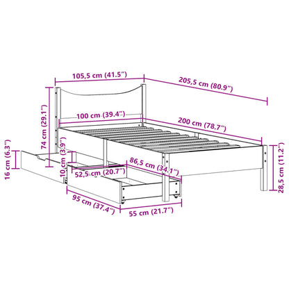 Bed Frame with Drawers Wax Brown 100x200 cm Solid Wood Pine