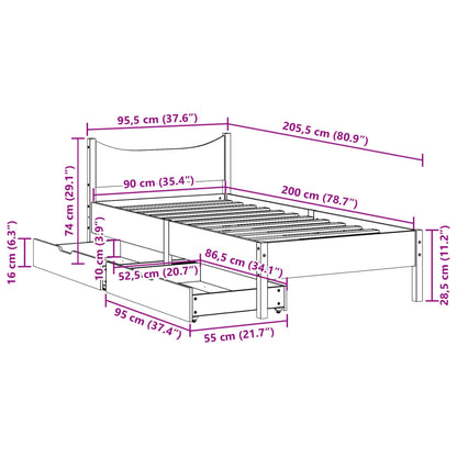 Bed Frame with Drawers 90x200 cm Solid Wood Pine