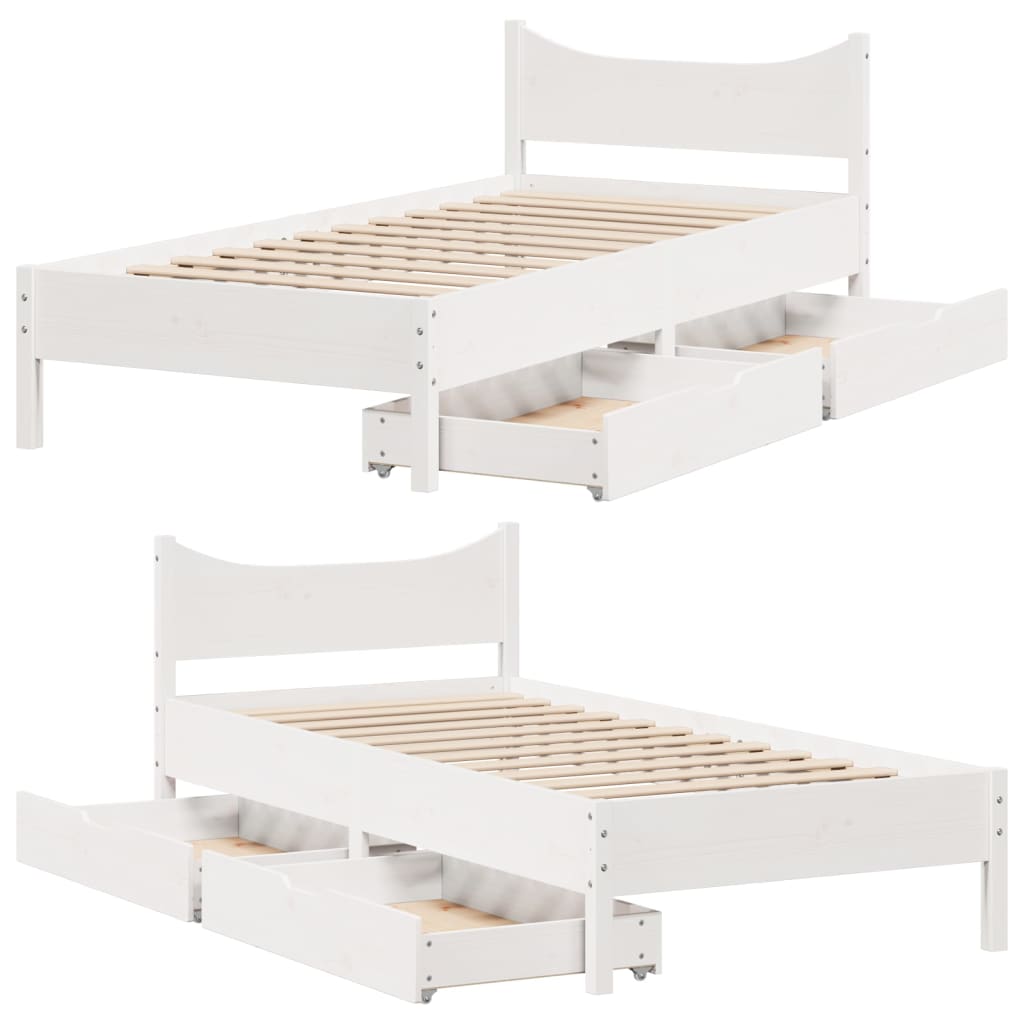 Bed Frame with Drawers White 90x200 cm Solid Wood Pine