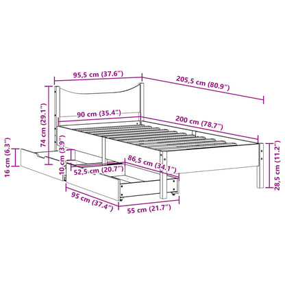 Bed Frame with Drawers Wax Brown 90x200 cm Solid Wood Pine