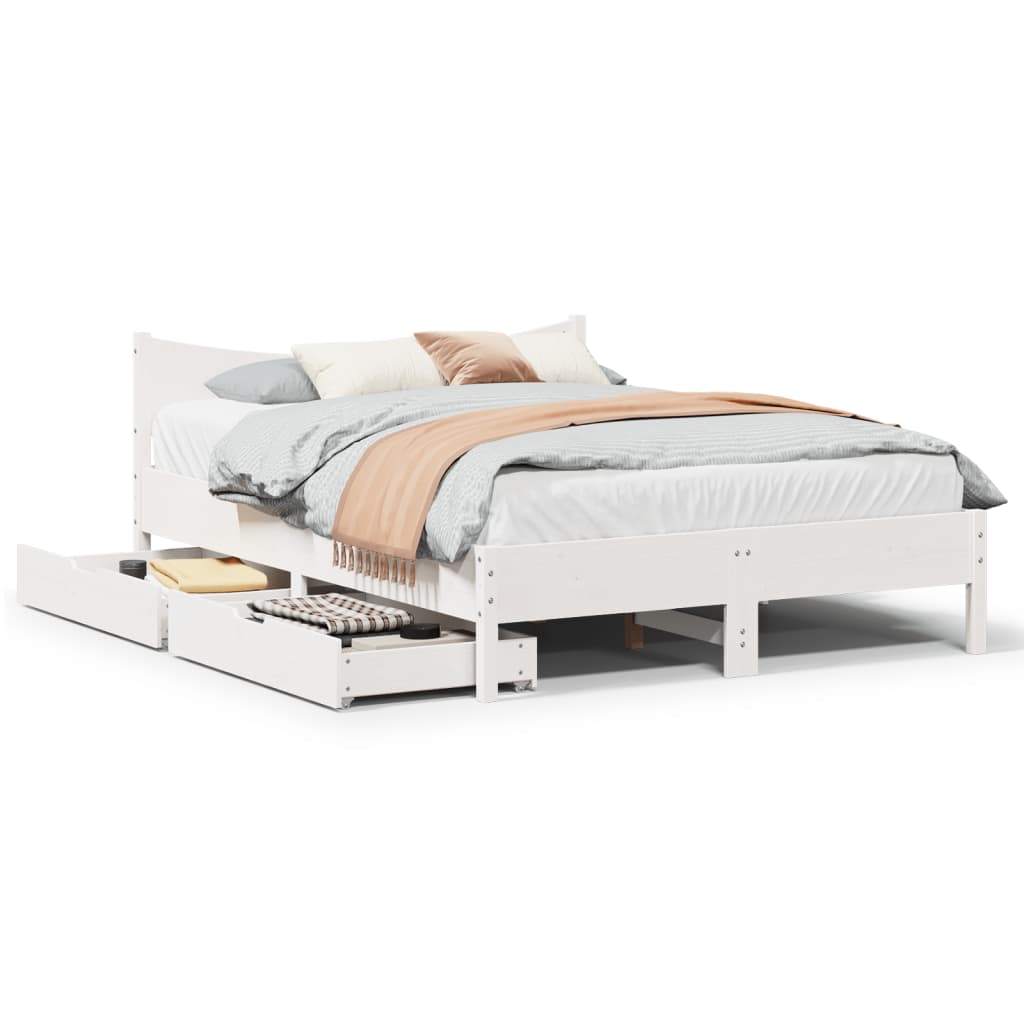 Bed Frame with Drawers White 135x190 cm Double Solid Wood Pine