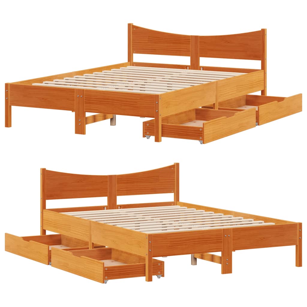 Bed Frame with Drawers Wax Brown 135x190 cm Double Solid Wood Pine