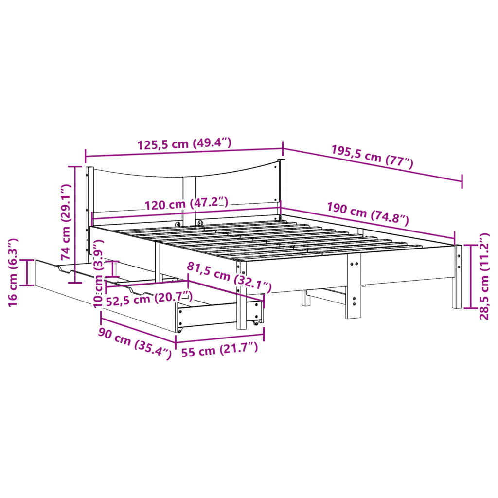 Bed Frame with Drawers White 120x190 cm Small Double Solid Wood Pine