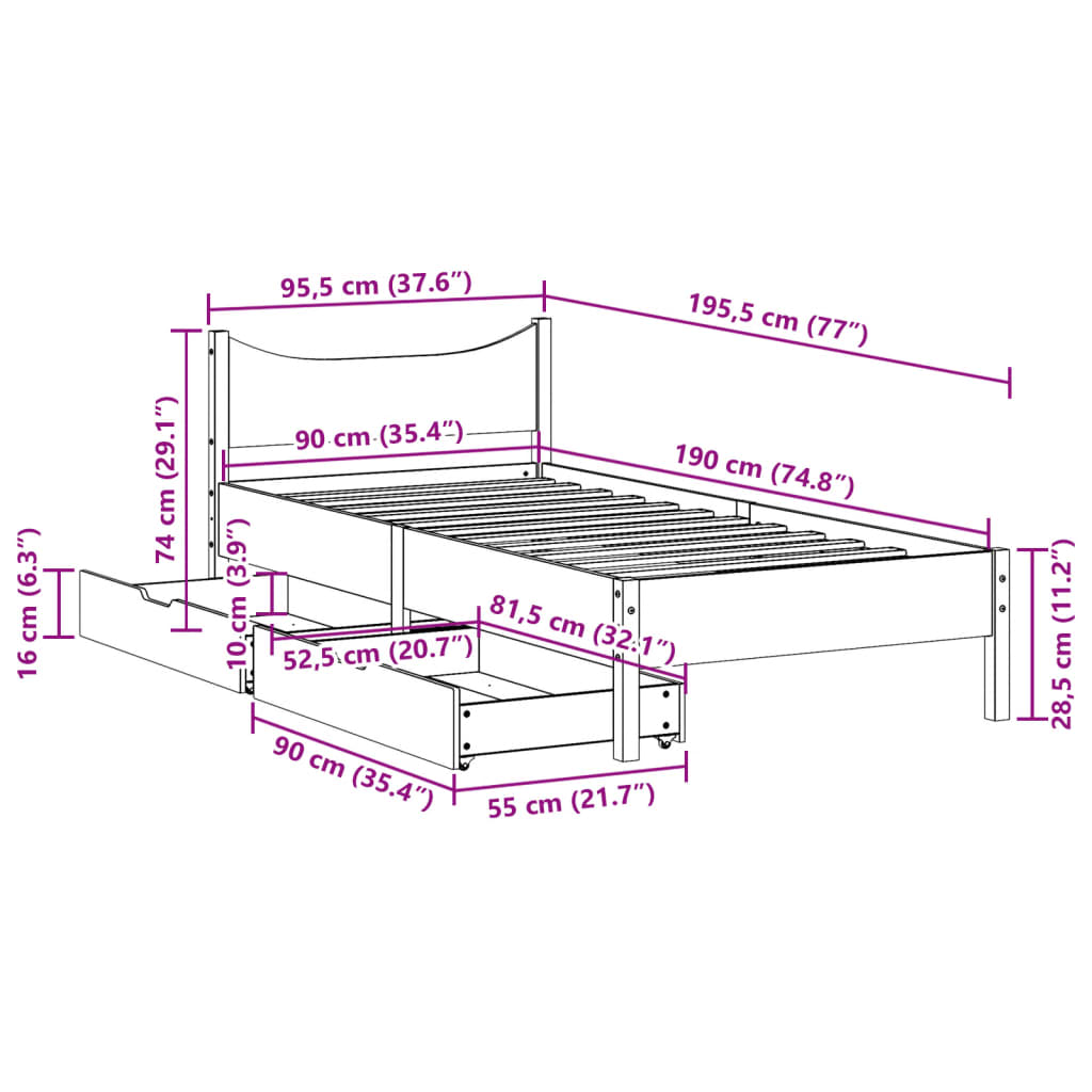 Bed Frame with Drawers 90x190 cm Single Solid Wood Pine