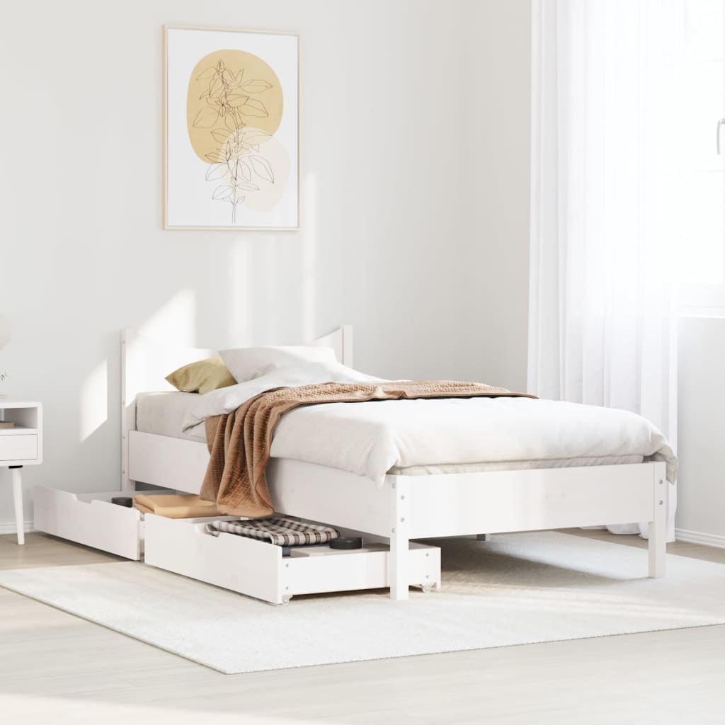 Bed Frame with Drawers White 90x190 cm Single Solid Wood Pine