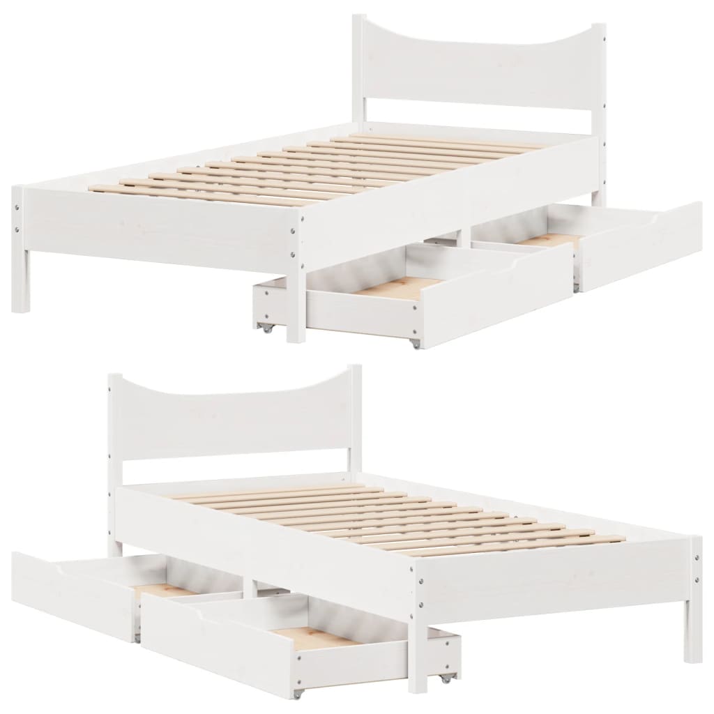 Bed Frame with Drawers White 90x190 cm Single Solid Wood Pine