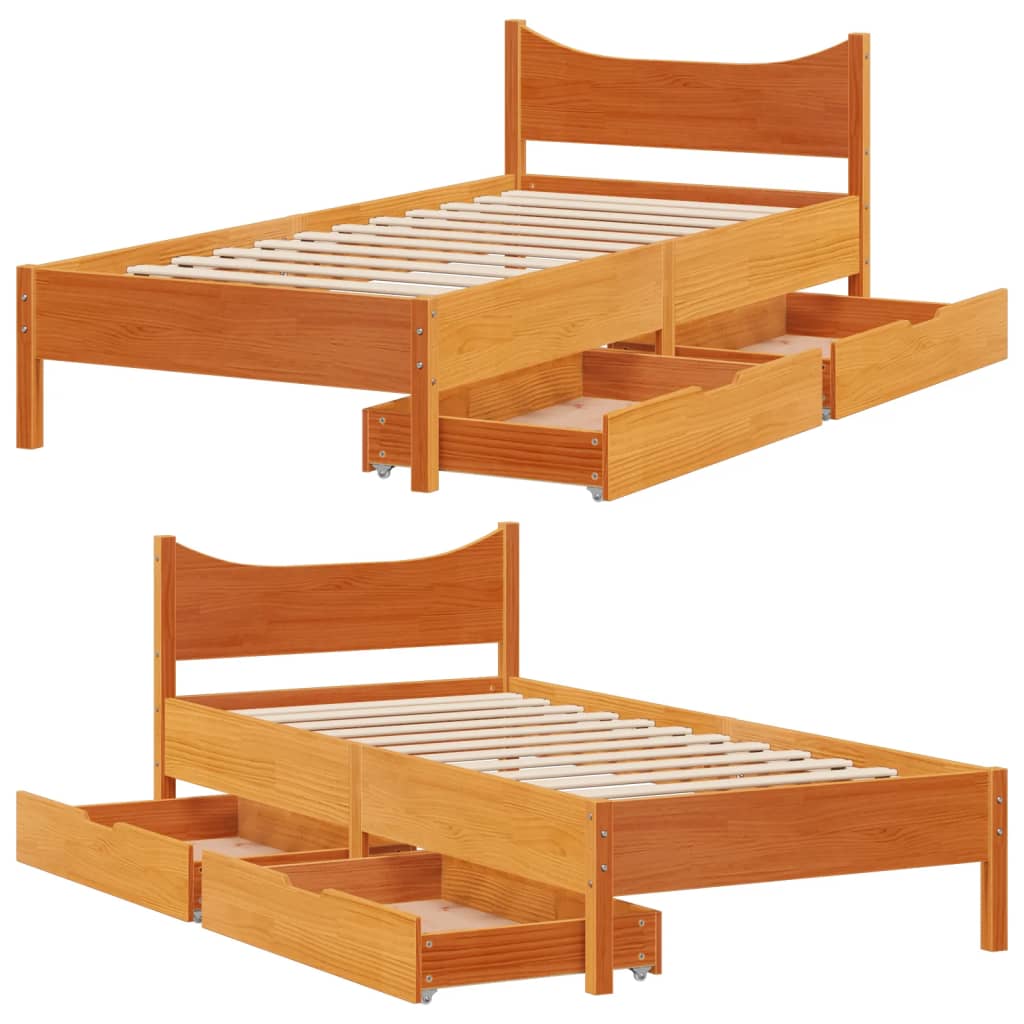 Bed Frame with Drawers Wax Brown 90x190 cm Single Solid Wood Pine