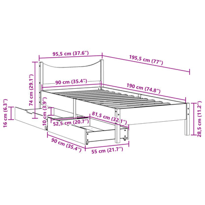 Bed Frame with Drawers Wax Brown 90x190 cm Single Solid Wood Pine